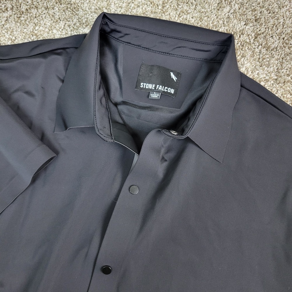 Stone Falcon Mens Large Solid Black Performance Stretch Snap Button Short Sleeve